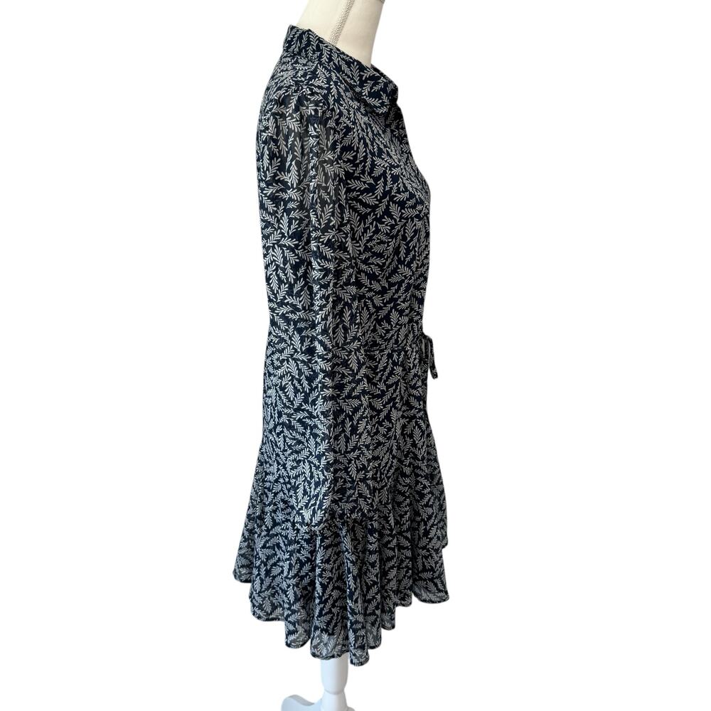 LOFT Shirt Dress Long Sleeve Navy White Leaf Print Mini Flounce Swing Size M - Picture 5 of 11